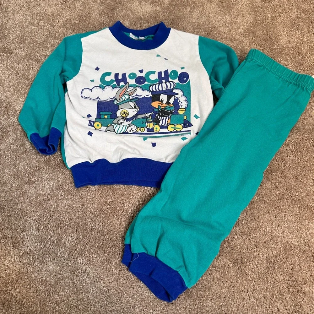Vintage 1997‎ Baby Looney Tunes Bugs Bunny Daffy Duck Choo Choo Sweat Suit Teal